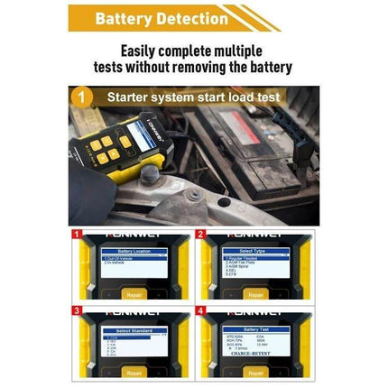 KONNWEI 3 In 1 Car Battery Tester And Charger For Vehicles handheld unit performing starter system load test and battery detection