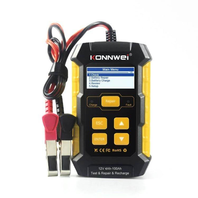 KONNWEI 3 In 1 Car Battery Tester And Charger For Vehicles handheld tester with clamps, screen showing main menu for battery test and repair