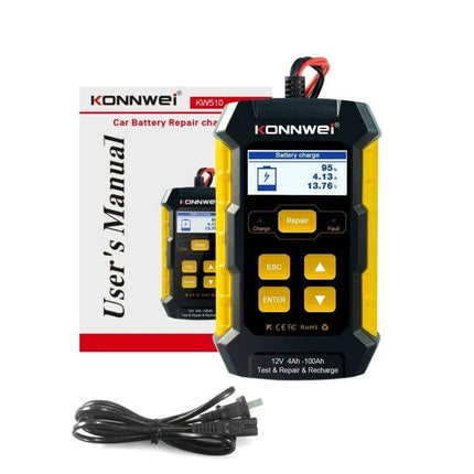 KONNWEI 3 In 1 Car Battery Tester And Charger For Vehicles handheld tester with screen, repair mode, clamps and user manual