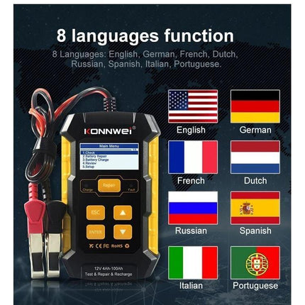 KONNWEI 3 In 1 Car Battery Tester And Charger For Vehicles handheld unit showing 8 languages function and flags