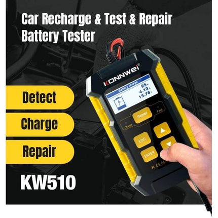 KONNWEI 3 In 1 Car Battery Tester And Charger For Vehicles handheld KW510 showing battery test, charge and repair functions