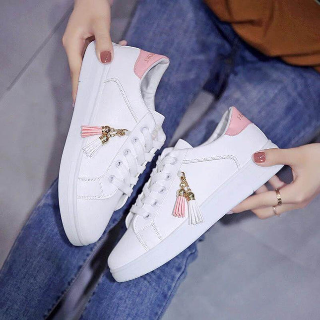 Korean Casual Cross Strap Sneakers With Front Tie Pink - white leather-look casual sneakers with pink heel tab and tassel charms