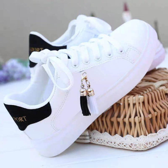 Korean Casual Cross Strap Sneakers With Front Tie Pink - white faux leather low-profile sneaker with cross straps, tassel front tie detail for casual city wear