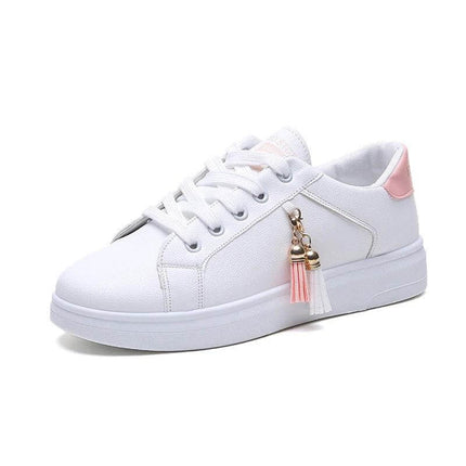 Korean Casual Cross Strap Sneakers With Front Tie Pink - white synthetic leather low-profile sneaker with pink heel tab and front tie tassels