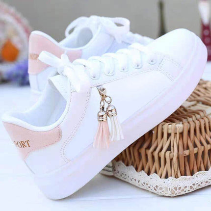 Korean Casual Cross Strap Sneakers With Front Tie Pink - white sneaker with pink heel detail, cross straps and tassel charms for casual city walking