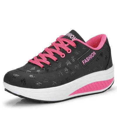 Korean Women's Wedge Casual Sneakers With Thick Sole black synthetic leather wedge sneaker with pink trim and thick EVA sole
