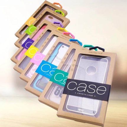 Kraft Paper Phone Case Packaging Box Set for Large and Small Sizes showing multiple kraft boxes with clear PVC windows and hanging holes displaying colorful phone cases