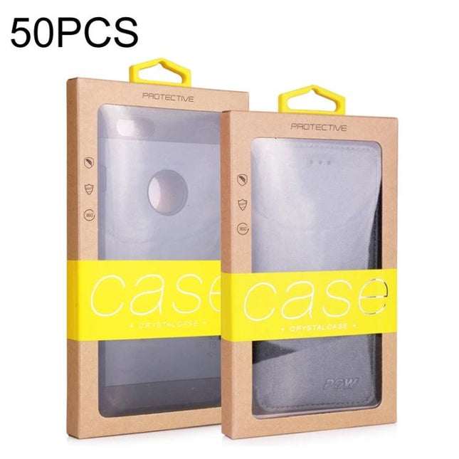 Kraft Paper Phone Case Packaging Box Set for Large and Small Sizes displaying kraft box with clear PVC window and hanging hole for retail display