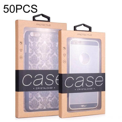 Kraft Paper Phone Case Packaging Box Set for Large and Small Sizes showing two kraft boxes with clear PVC window, hanging hole, and sample phone cases