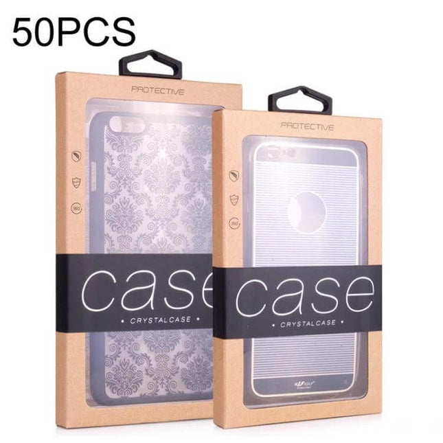 Kraft Paper Phone Case Packaging Box Set for Large and Small Sizes showing two kraft boxes with clear PVC window, hanging hole, and sample phone cases
