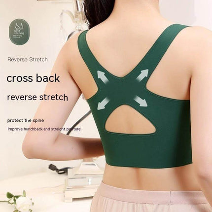 Lace Back Wire Free Push Up Bra With Side Buckle For Comfort - green lace-back wire-free bra showing cross back for support and breathability