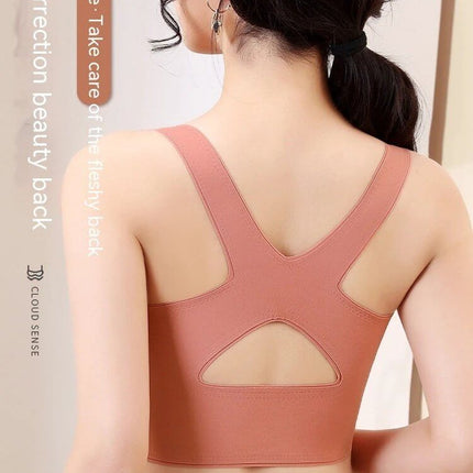 Lace Back Wire Free Push Up Bra With Side Buckle For Comfort shown in dusty rose on model back view, lace-back detail and wide straps for support