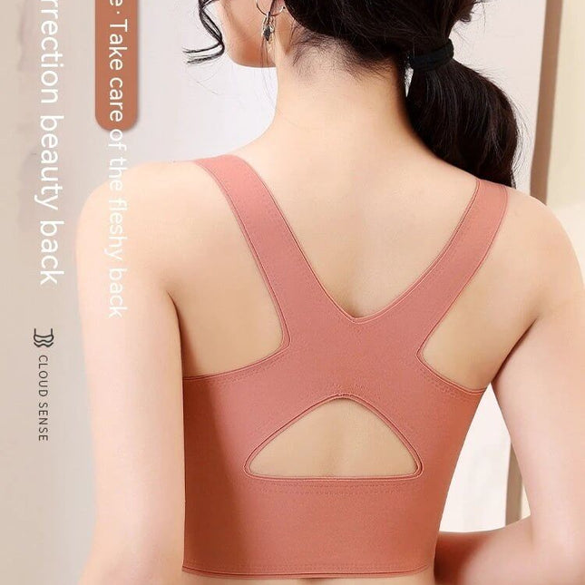 Lace Back Wire Free Push Up Bra With Side Buckle For Comfort shown in dusty rose on model back view, lace-back detail and wide straps for support