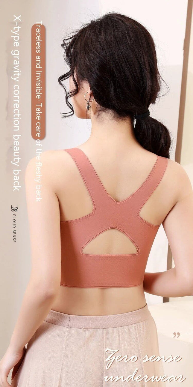 Lace Back Wire Free Push Up Bra With Side Buckle For Comfort shown in dusty rose on model back view, lace-back detail and wide straps for support
