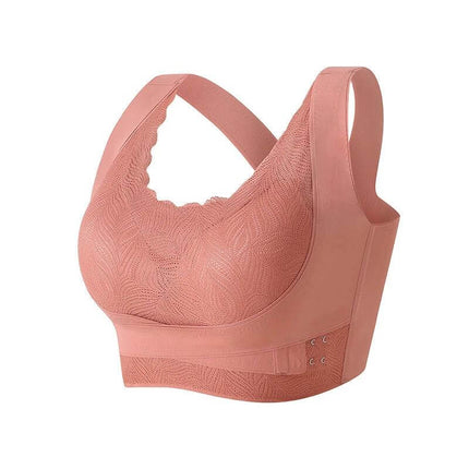 Lace Back Wire Free Push Up Bra With Side Buckle For Comfort in dusty rose, lace back, removable padding, side buckle for support