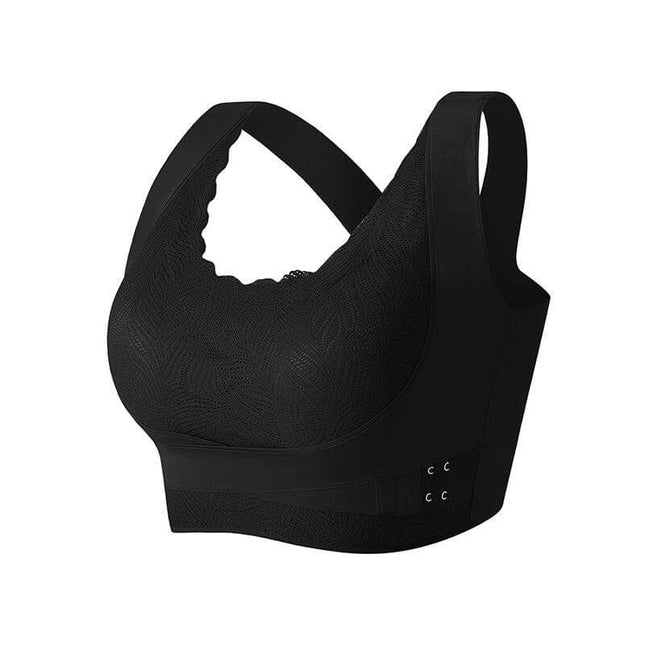 Lace Back Wire Free Push Up Bra With Side Buckle For Comfort in black, breathable lace back, wire-free, removable padding and side buckle for support