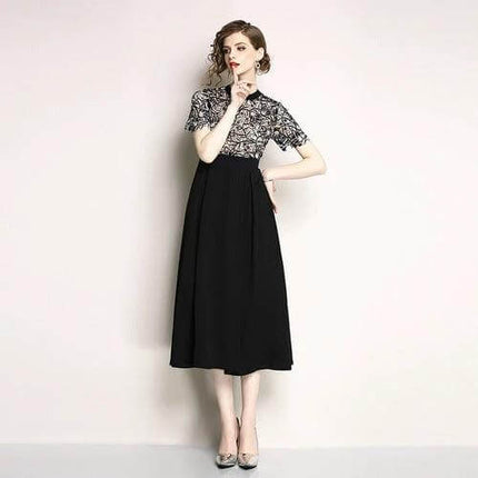 Lace Short Sleeve Mid Length Swing Dress for Everyday Casual Wear - black skirt with geometric embroidered lace bodice, swing silhouette, daytime outfit