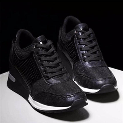 Lace Up Platform Sneakers For Women Black Wedge - waterproof platform wedge sneakers with front laces, 3–5 cm heel, PU upper and textile insole for daily urban wear