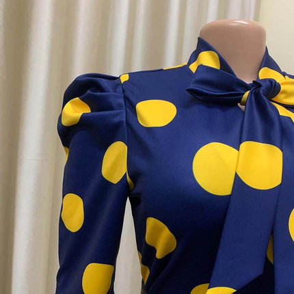 Lace Up Polka Dot Pencil Skirt For Office Wear Mid Length - navy blue and yellow polka dot skirt with fitted pencil silhouette and lace-up waist detail