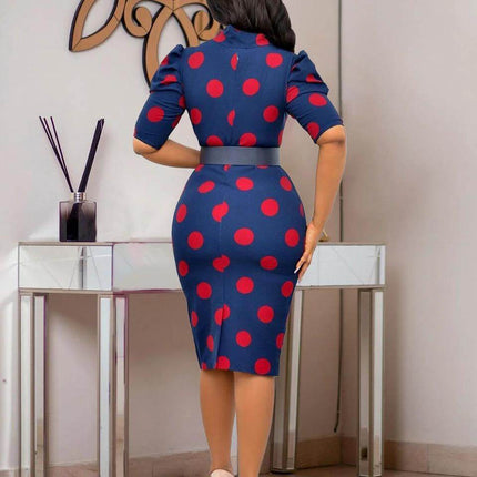 Lace Up Polka Dot Pencil Skirt For Office Wear Mid Length - navy polyester mid-length fitted pencil skirt with red polka dots and waist lace-up detail