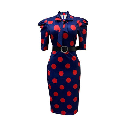 Lace Up Polka Dot Pencil Skirt For Office Wear Mid Length in navy polyester with red polka dots, waist lace-up detail and fitted pencil silhouette