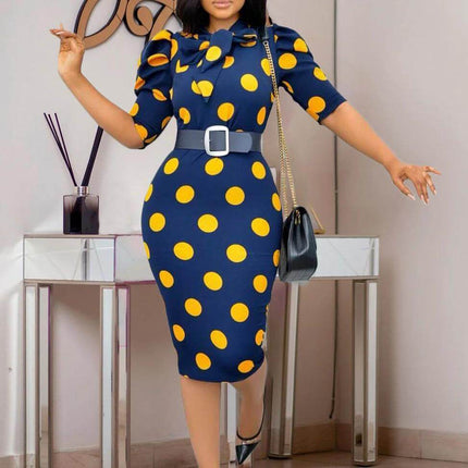 Lace Up Polka Dot Pencil Skirt For Office Wear Mid Length - navy mid-length fitted pencil skirt with yellow polka dots and waist lace-up detail