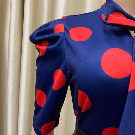 Lace Up Polka Dot Pencil Skirt For Office Wear Mid Length close-up navy polyester with red polka dots and fitted waist detail