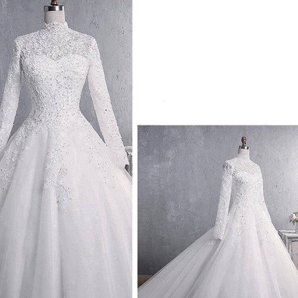 Lace Wedding Dress Stand-Up Collar For Elegant Weddings - white lace high-neck bridal collar on gown with long sleeves and small tail