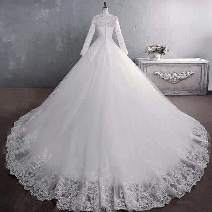 Lace Wedding Dress Stand-Up Collar For Elegant Weddings on white lace bridal gown with long lace train and high neckline