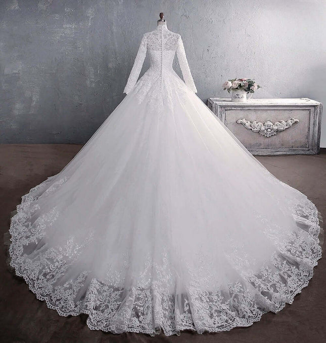 Lace Wedding Dress Stand-Up Collar For Elegant Weddings on white lace bridal gown with long lace train and high neckline