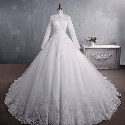 Lace Wedding Dress Stand-Up Collar For Elegant Weddings white lace high-neck bridal collar on full ball gown with long sleeves and lace hem