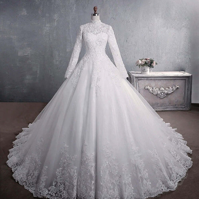 Lace Wedding Dress Stand-Up Collar For Elegant Weddings white lace high-neck bridal collar on full ball gown with long sleeves and lace hem