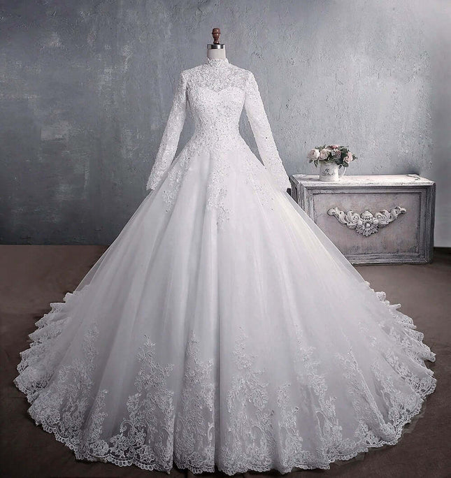 Lace Wedding Dress Stand-Up Collar For Elegant Weddings white lace high-neck bridal collar on full ball gown with long sleeves and lace hem