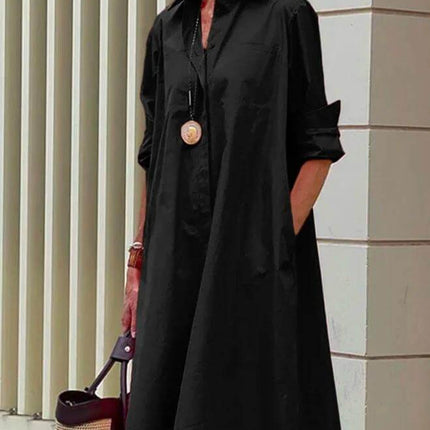 Ladies Long Sleeve Mid-Length Shirt Dress In Solid Colors black POLO collar casual office dress with pockets and rolled sleeves