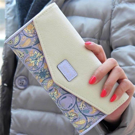 Ladies Floral PU Leather Clutch Wallet For Everyday Use - compact floral PU leather clutch wallet with hasp closure, 19×9.5×2.5 cm, fits in most bags