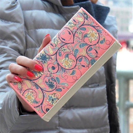 Ladies Floral PU Leather Clutch Wallet For Everyday Use - pink floral PU leather clutch wallet with hasp closure, compact 19×9.5×2.5cm, fits inside bags
