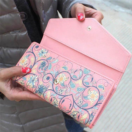 Ladies Floral PU Leather Clutch Wallet For Everyday Use - pink floral PU leather clutch wallet open showing compartments and hasp closure