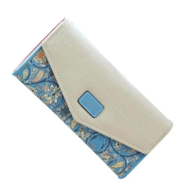 Ladies Floral PU Leather Clutch Wallet For Everyday Use - beige flap with blue floral PU leather, hasp closure, compact 19×9.5×2.5 cm