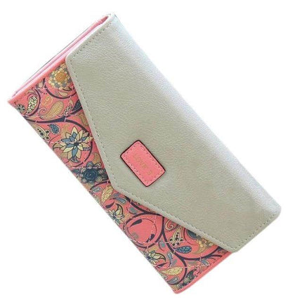 Ladies Floral PU Leather Clutch Wallet For Everyday Use - grey PU exterior with pink floral panel, hasp closure, compact 19×9.5×2.5 cm