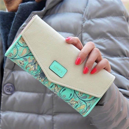 Ladies Floral PU Leather Clutch Wallet For Everyday Use — turquoise floral PU leather clutch wallet with hasp closure, compact size for cards and cash