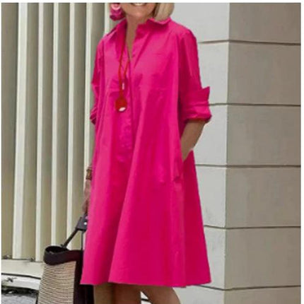 Ladies Long Sleeve Mid-Length Shirt Dress In Solid Colors - bright pink cotton-poly polo collar, long sleeves, mid-length skirt, casual office or weekend layering
