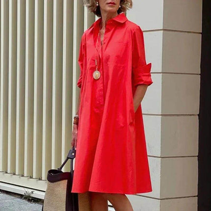 Ladies Long Sleeve Mid-Length Shirt Dress In Solid Colors red polo collar cotton-poly blend casual office errands layered look