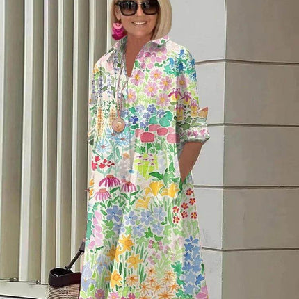 Ladies Long Sleeve Mid-Length Shirt Dress In Solid Colors - floral print cotton-poly polo collar casual office or weekend layer