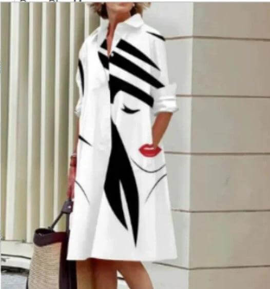 Ladies Long Sleeve Mid-Length Shirt Dress In Solid Colors white shirt dress with black abstract face print, POLO collar, long sleeves, mid-length, casual office or weekend look