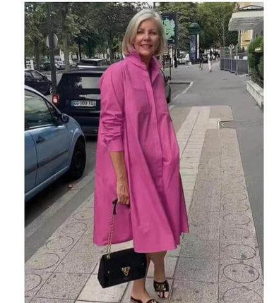 Ladies Long Sleeve Mid-Length Shirt Dress In Solid Colors pink mid-length polo collar cotton-poly blend styled for casual office or errands