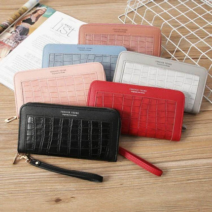 Ladies Long Zip Wallet For Everyday Use Fits Cards And Cash - croc PU zip wallet in multiple colors with card slots and wrist strap