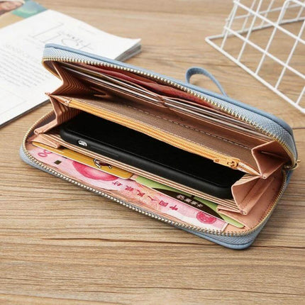 Ladies Long Zip Wallet For Everyday Use Fits Cards And Cash - blue PU zip wallet with card slots, coin pocket and phone inside