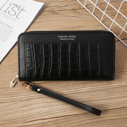 Ladies Long Zip Wallet For Everyday Use Fits Cards And Cash - black croc PU zip wallet with wrist strap