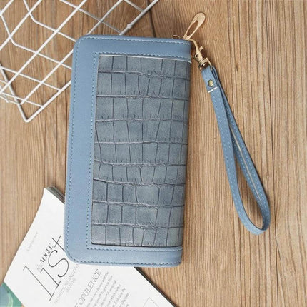 Ladies Long Zip Wallet For Everyday Use Fits Cards And Cash stylish blue PU croc-embossed zip wallet with wrist strap, card slots and coin pocket