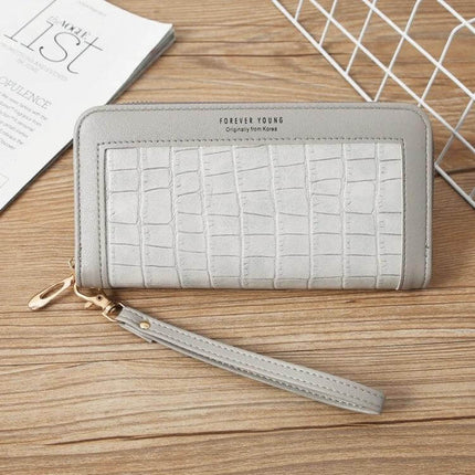 Ladies Long Zip Wallet For Everyday Use Fits Cards And Cash - grey PU zip wallet with wrist strap and crocodile pattern